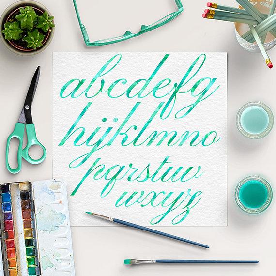 Mariage - BUY5FOR8, Green Mint Watercolor Alphabet, Brush Lettering Fonts, Mint Font Clip Art, Watercolor Printable Letters