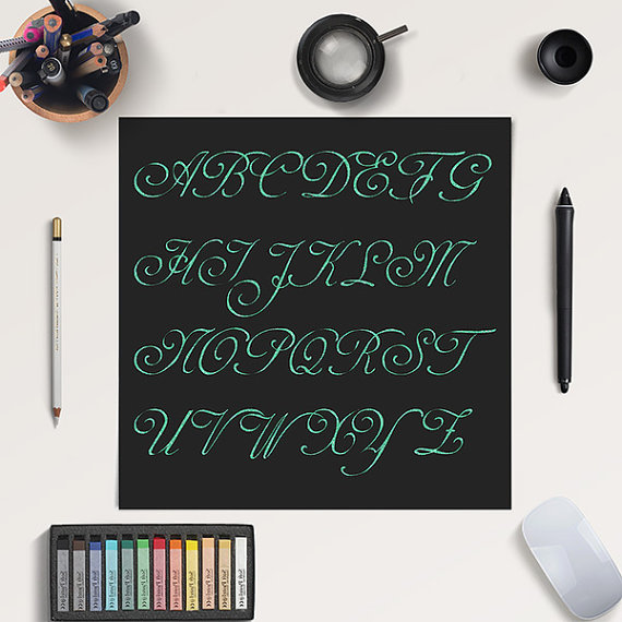 Mariage - BUY 5 FOR 8, Mint Glitter Alphabet, Mint Letters, Digital Font, Glitter Letters Clip Art, Calligraphy Font, Uppercase Letters