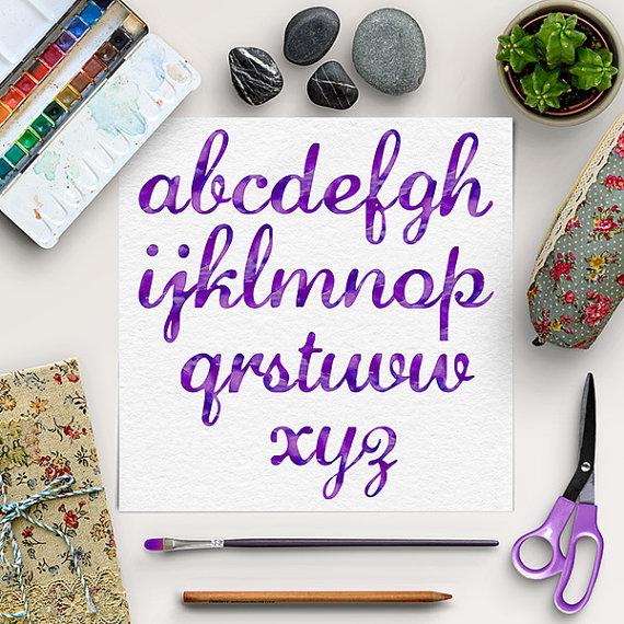 Wedding - BUY 5 FOR 8, Watercolor Font, Calligraphy Font, Watercolor Alphabet, Modern Brush Letters, Hand Lettered Font, Purple Alphabet