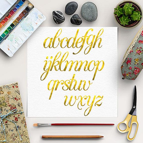 Hochzeit - BUY5FOR8 Digital Golden Alphabet, Gold Font Clipart, Hand Drawn Letters, Gold Foil Alphabet, Lower Case Letters