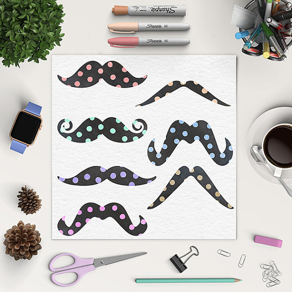 Hochzeit - Moustache ClipArt, Chalkboard Moustache With Confetti Pattern, Chalkboard Moustache, Commercial Use, BUY5FOR8