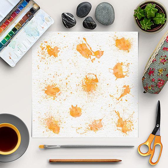 Mariage - Watercolor Splatter Clipart, Orange Splashes, Watercolor Splotch, Brush Strokes, Instant Download, BUY 5 FOR 8