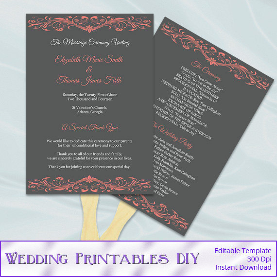 Wedding - Coral and Gray Wedding Program Fan Template, Diy Ceremony Paddle Fans, Printable Programs, Editable Text, Instant Download Word Pdf P73