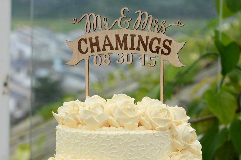 Wedding - Personalized Last Name Wedding Cake Topper, Custom Linden Wood Mr and Mrs Cake Topper, Personalized with YOUR Last Name #105
