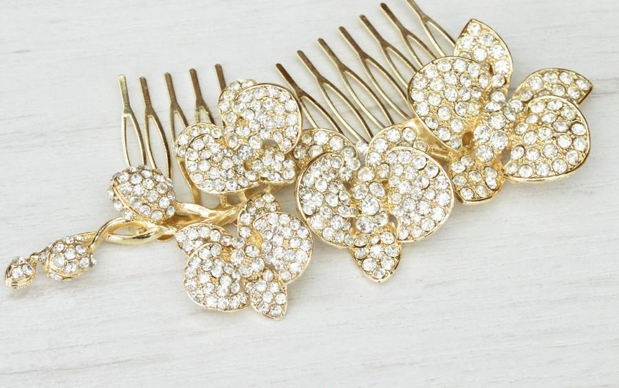 Свадьба - Vintage inspired crystal wedding comb. Floral crystal bridal hair comb. Wedding orchid comb. Gold bridal hair piece.
