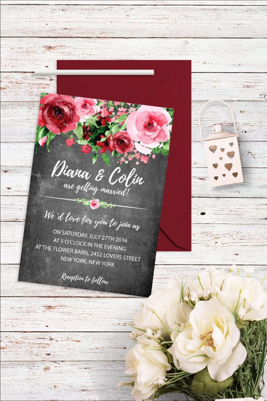 Hochzeit - Floral Chalkboard Wedding Invitation Flower Wedding Invitation Rustic Wedding Invitation Boho Chic Wedding Invitation Digital Wedding Invite