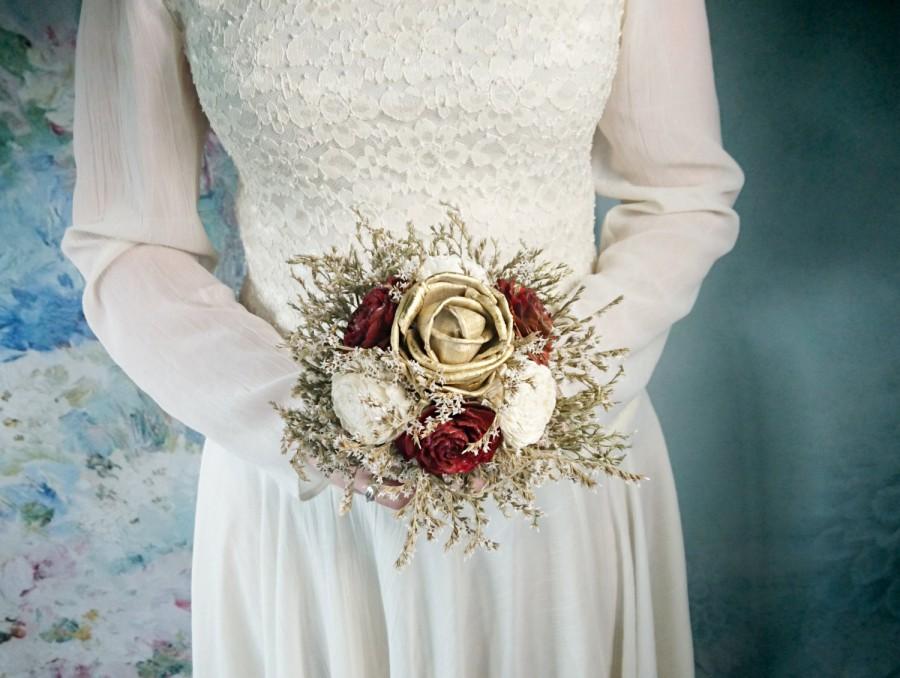 Wedding - Small burgundy ivory gold rustic wedding BOUQUET sola Flowers, dried limonium, Burlap Handle, Flower girl, Bridesmaids, vintage fall toss