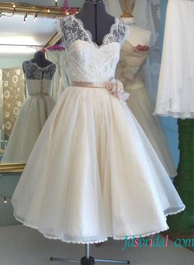 Hochzeit - H1580 Vintage illusion lace top tea length organza wedding dress