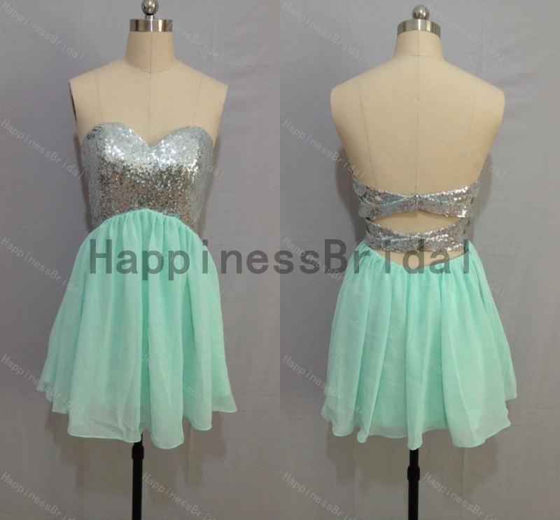 Mariage - Sweetheart chiffon dress with sequins,mint prom dress,evening dresses,short bridesmaid dress,chiffon prom dress,short formal evening dress
