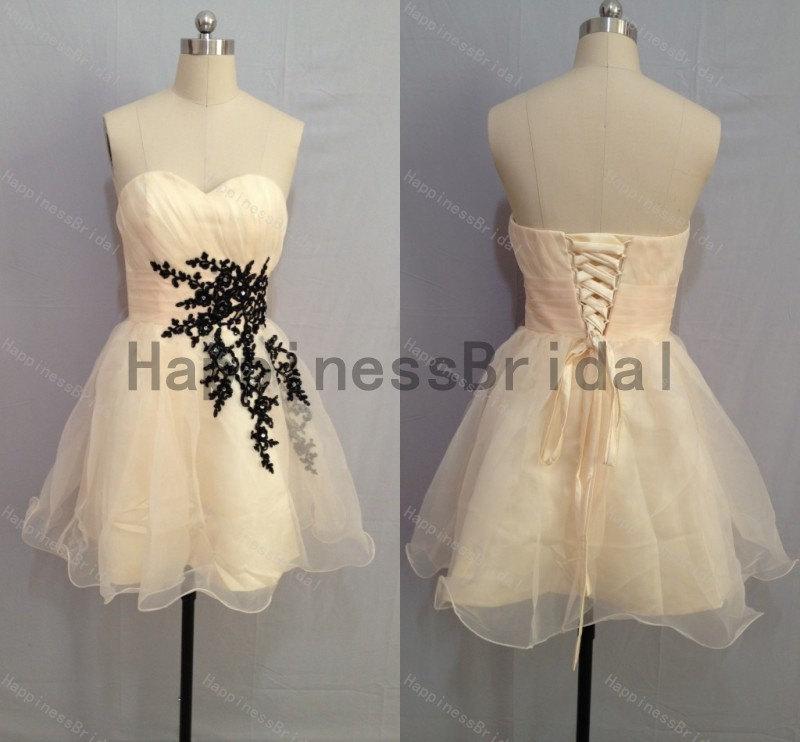 Wedding - Party dress,short prom dress ,sweetheart organza prom dress with black applique,short evening dress,hot sales dress,formal evening dress