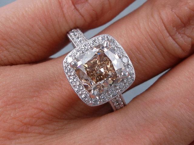 Hochzeit - 3.82 ctw Cushion Cut Diamond Ring Natural Chocolate Color/VS1 Clarity Enhanced Diamond
