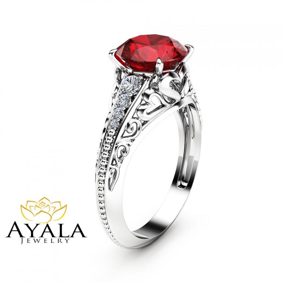 زفاف - 2 Carat Ruby Custom Ring in 14K White Gold Unique Ruby Ring Art Deco Styled Ring with Natural Diamonds
