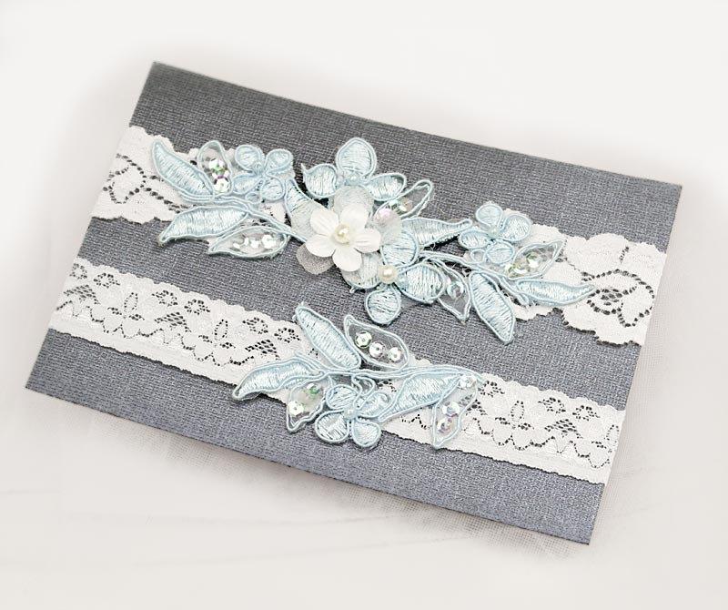 Свадьба - Light Blue Beaded Lace Wedding Garter Set , Keepsake Garter, Toss Garter, Customizable Handmade-GT029