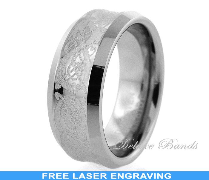 زفاف - Celtic Dragon Tungsten Wedding Ring 8mm Concave Beveled Edges Irish Celtic Pattern Anniversary Promise Mens Womens Band FREE Laser Engraving