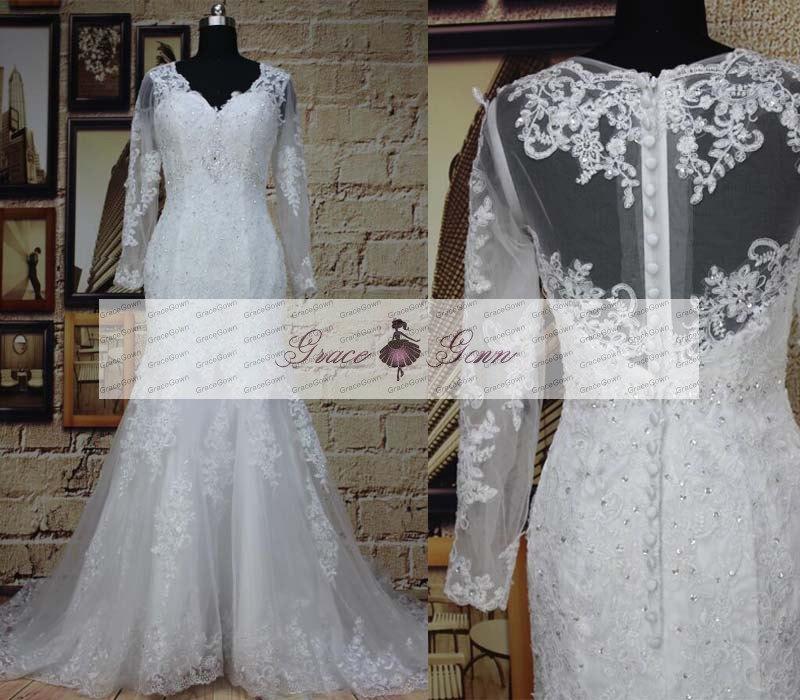 زفاف - Long Sleeve Lace Wedding Dress,Mermaid Wedding Gown,Unique Illusion Back Wedding Dress,Elegant Ivory Lace Beaded Appliques Bridal Gown 2016