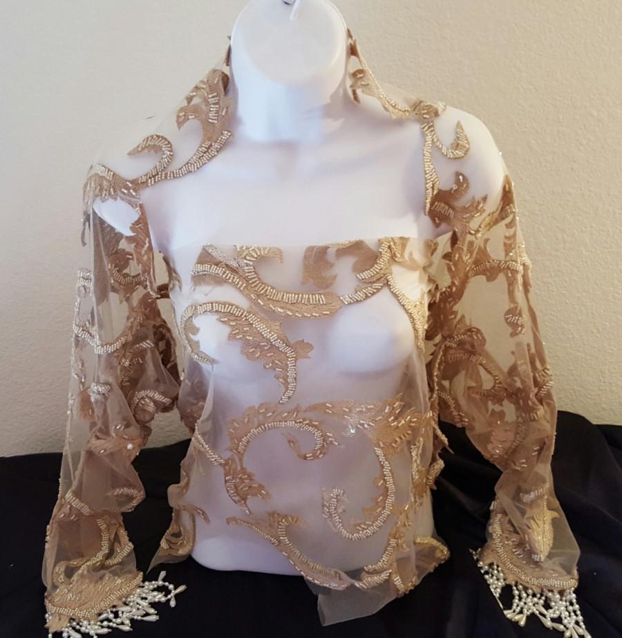 Свадьба - Taupe Faux Pearl Embroidered Beaded Lace Shrug Wrap Jacket & Top Set Bridal Wedding Evening Jacket Party Belly Dance