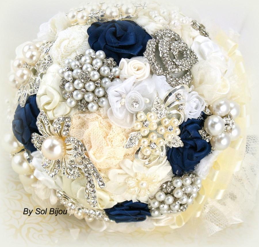 Mariage - Brooch Bouquet, Navy Blue, Ivory, Cream, White, Wedding Bouquet, Vintage Wedding, Bridal Bouquet, Lace Bouquet, Jeweled, Pearls, Crystals