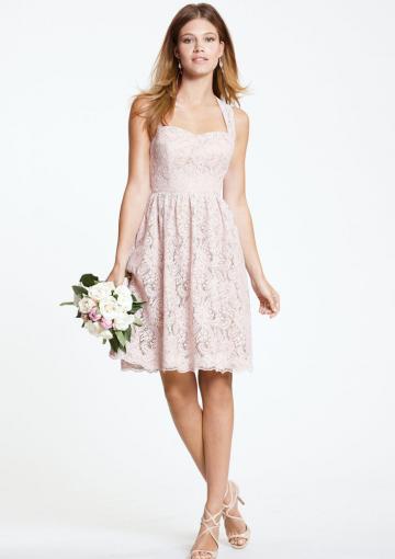 Mariage - Halter Open Back Sleeveless Zipper Ruched Pink Knee Length Lace