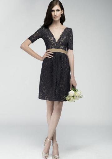 Hochzeit - Black V-neck Short Sleeves Lace Knee Length V-back Ruched A-line Zipper