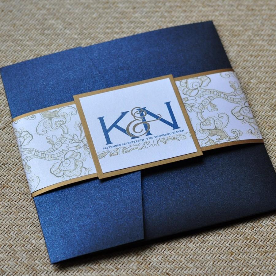 Mariage - Pocket Fold Wedding Invitation Design Fee (Antique Gold and Navy Whimsy Design)