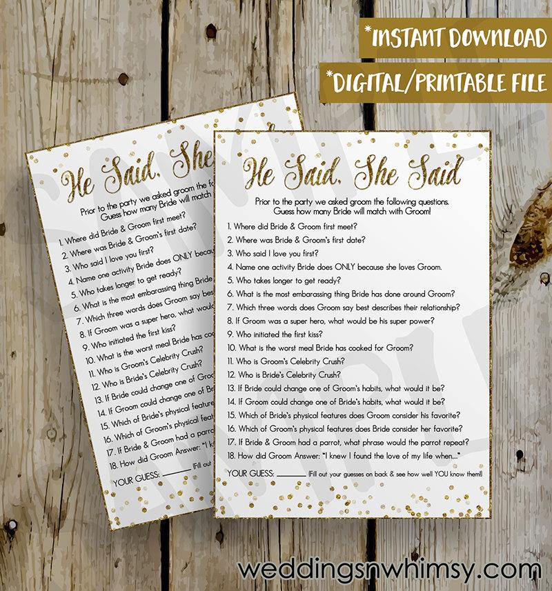 Hochzeit - PRINTABLE Gold Glitter Confetti He Said She Said Bridal Shower Game Fill In - DIY Instant Download He Said She Said Game Digital File - 5x7
