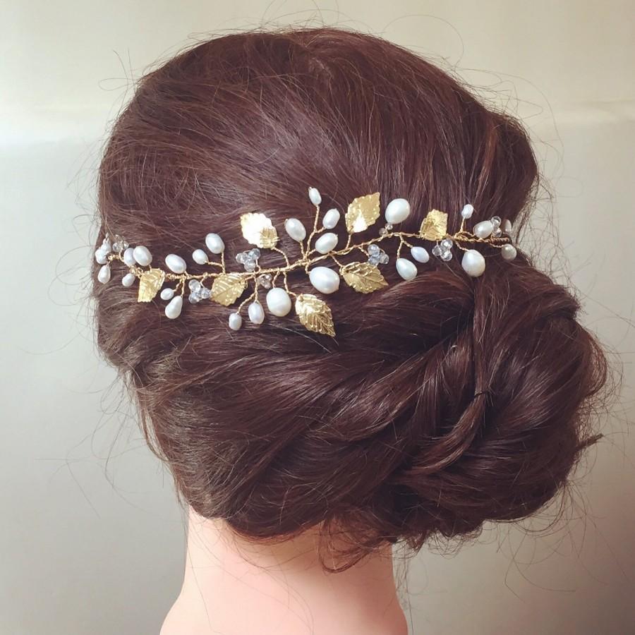 Свадьба - Gold Leaf & Freshwater Pearl Vine, crystal wedding hair accessory, Hairpiece, Gold, Bridal Hair Accessory, Headdress, hair adornment, tiara,