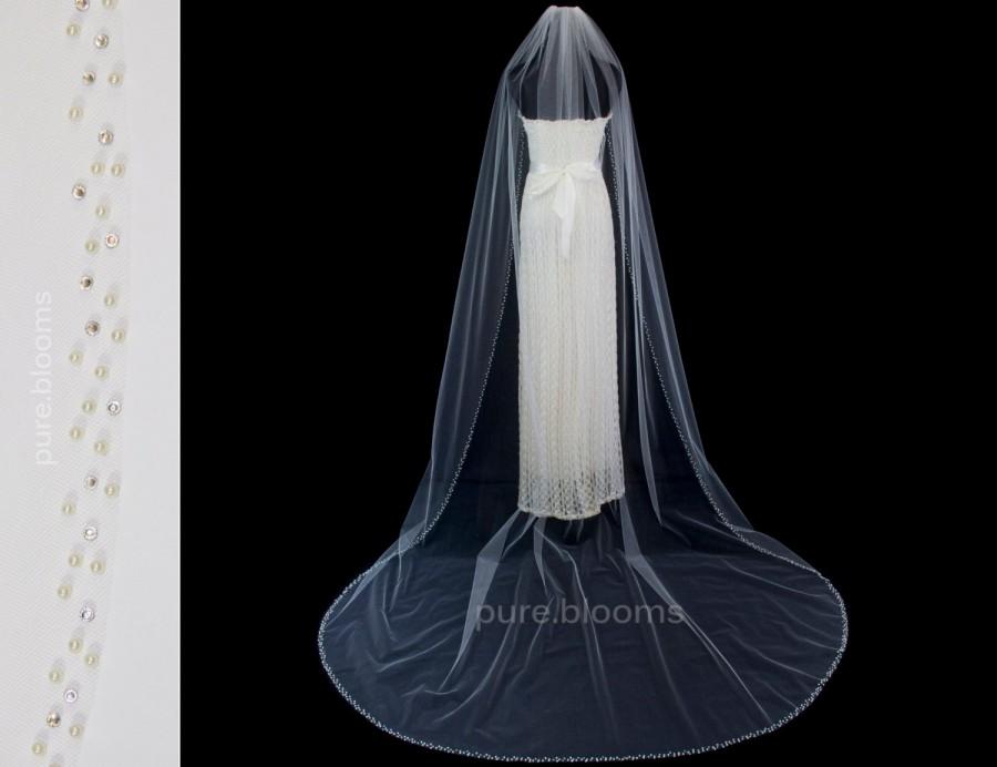 زفاف - Pearl and Crystal Edge Bridal Veil, Cathedral Chapel Floor Royal Wedding Veil, White or Ivory, Style 2008