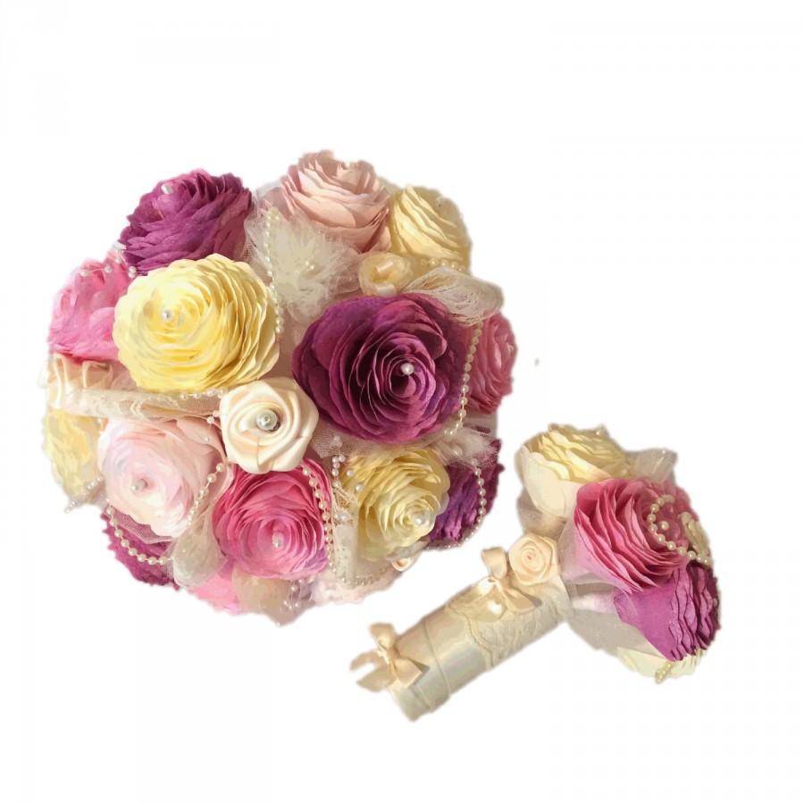 زفاف - Shabby chic Peony bouquet and matching toss bouquet, Shown in pink, blush and orchid, Romantic pearl bouquet, Paper Peony bridal bouquet