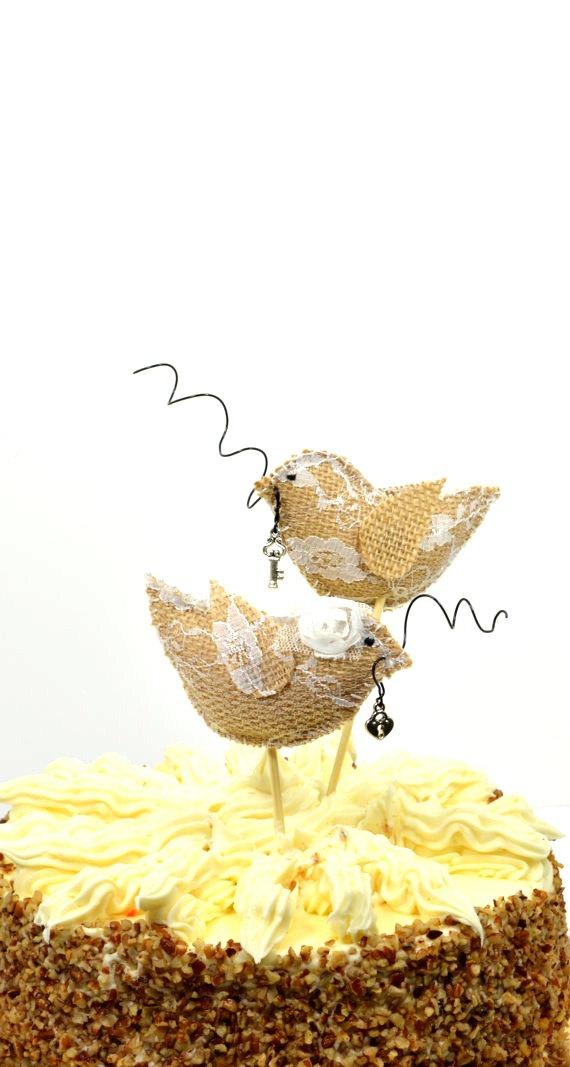 Wedding - Burlap and Lace Bird Cake Topper