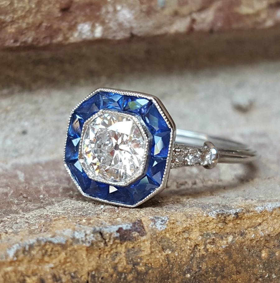 Wedding - Vintage Antique Art Deco Old European Diamond and Sapphire Platinum Halo Target Engagement Ring