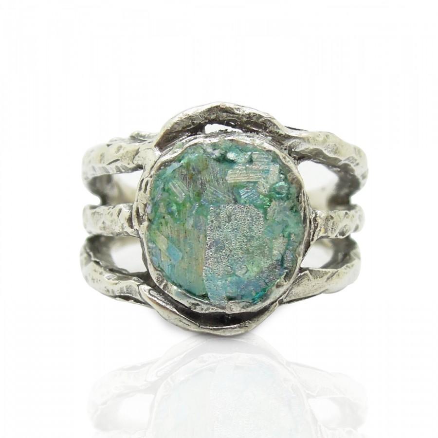 Wedding - Unique silver ring with roman glass round & curved Metalwork