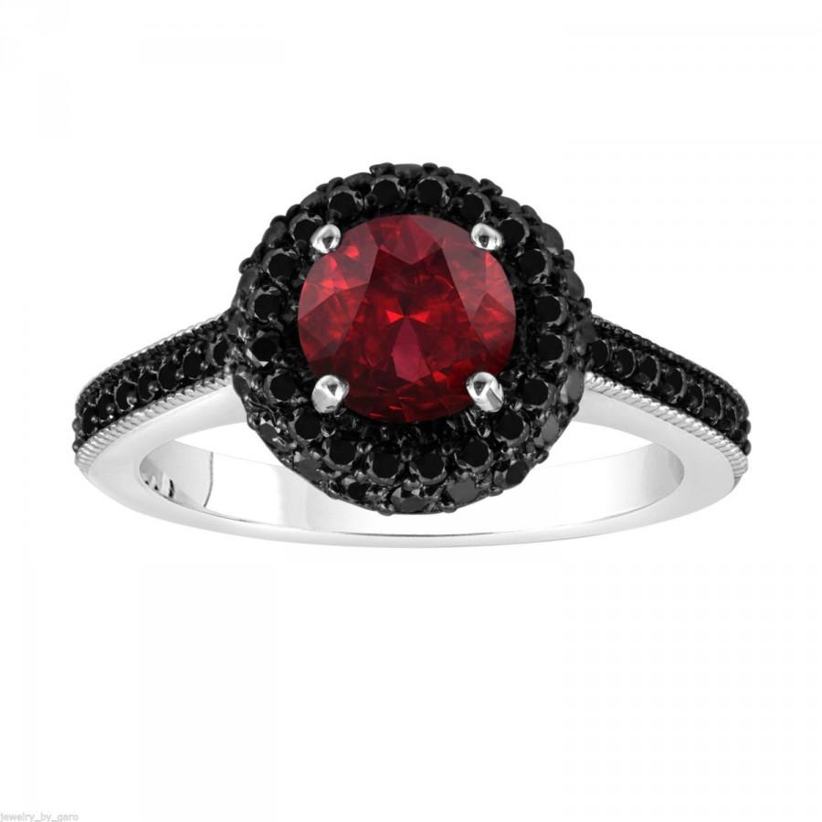 Wedding - Red Garnet & Fancy Black Diamond Engagement Ring 14K White Gold 1.76 Carat Halo Pave Set HandMade Certified Unique