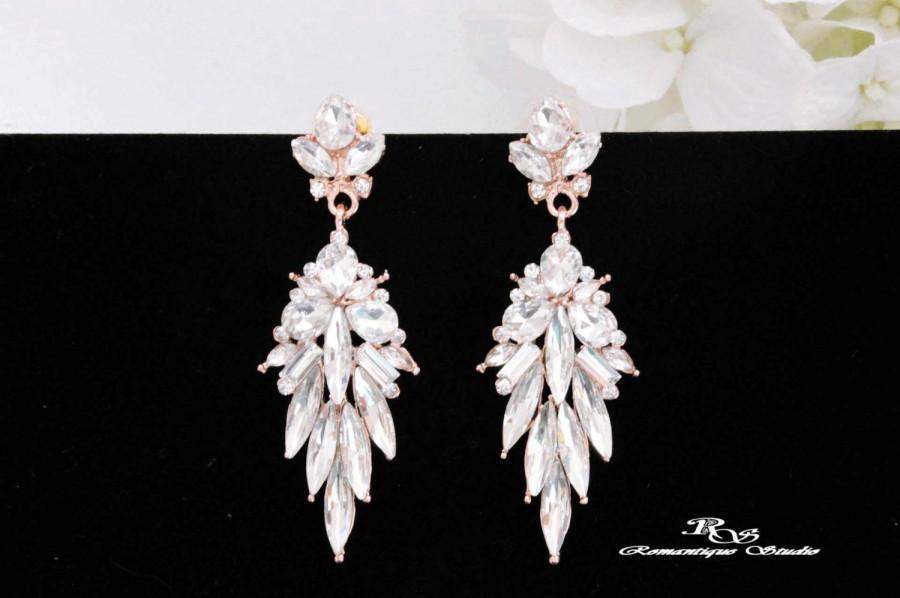 Hochzeit - ROSE Gold crystal earrings wedding earrings bridal earrings Art Deco earrings bridal jewelry wedding jewelry bridesmaid earrings 1244RG