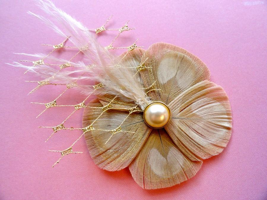 زفاف - JUNE Ivory and Gold Peacock Feather Hair Clip, Fascinator