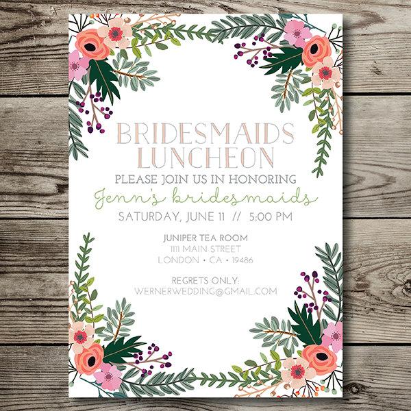 Hochzeit - bridal luncheon / bridal tea / bridal brunch / bridesmaids luncheon / bridesmaids brunch / vintage / floral printable invitation
