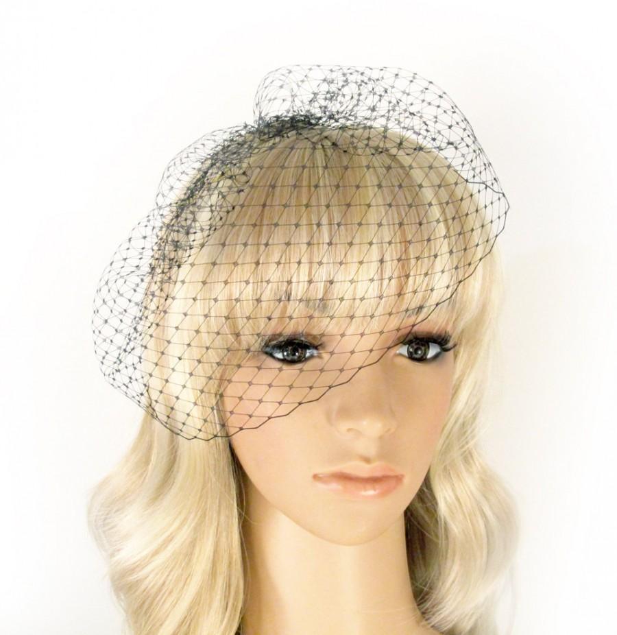 Wedding - Black Birdcage Veil- French Diamond Netting Veil- Wedge Birdcage Veil with 4 Inches Loose