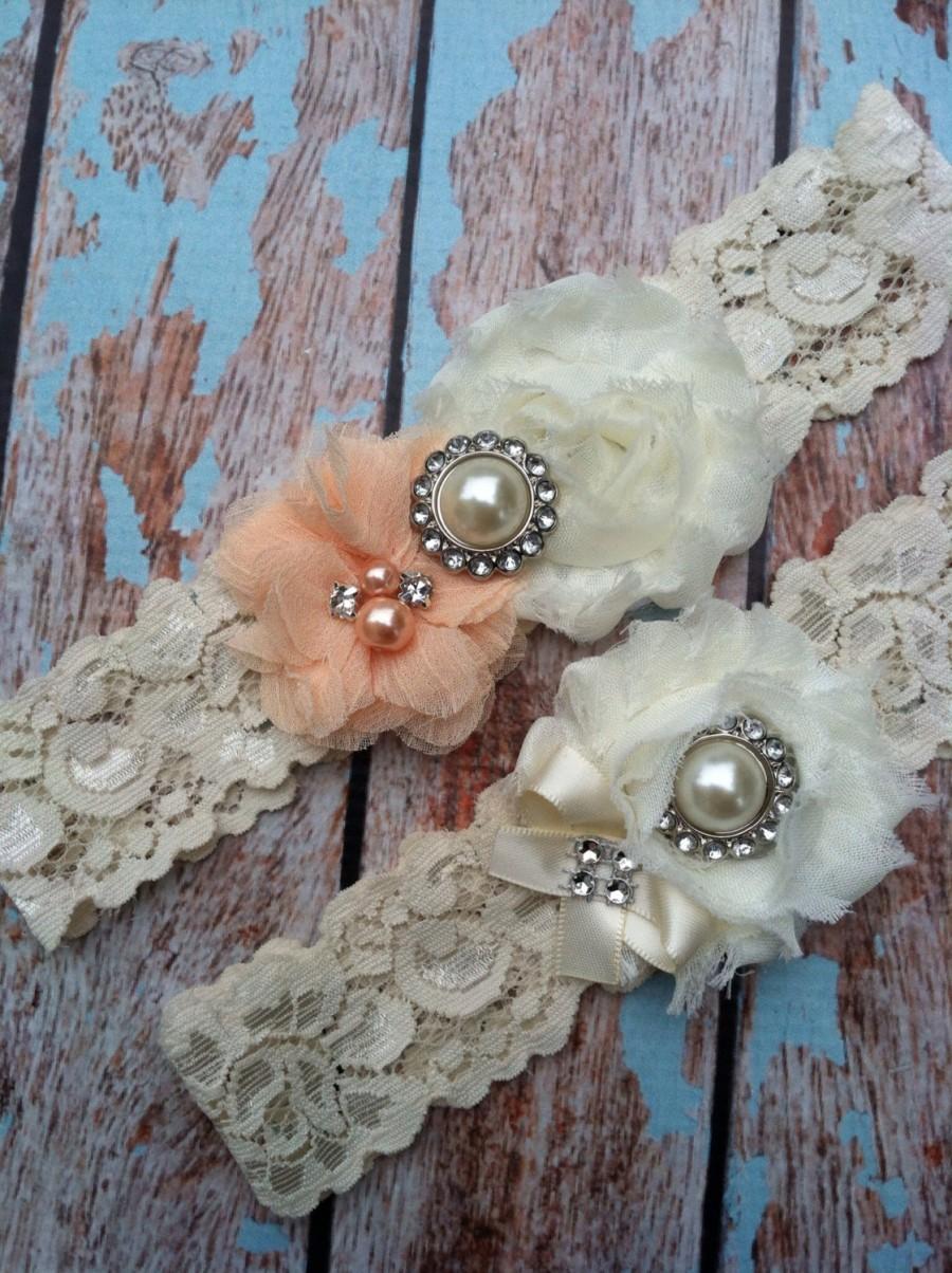 Wedding - New / Peach chiffon /   wedding garter set / bridal  garter/  lace garter / toss garter included /  wedding garter / vintage inspired lace