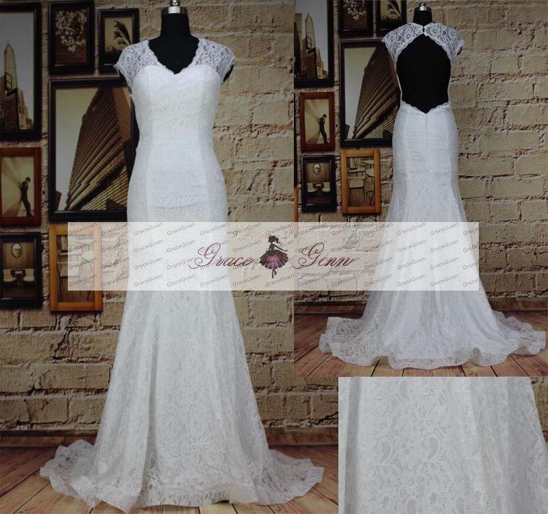 Wedding - Backless Lace Wedding Dress, Custom V Neck Cap Sleeve Open Back Mermaid Wedding Gown, Unique High Quality Floor Length Bridal Gown