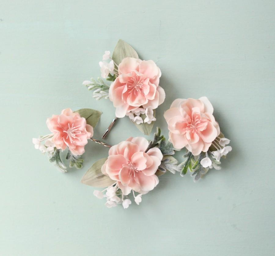 Wedding - Hair pin set, flower clips, Bridal clip set, pink OR white, blush wedding accessory, Pastel pink and sage green bobby pin - GO LIGHTLY