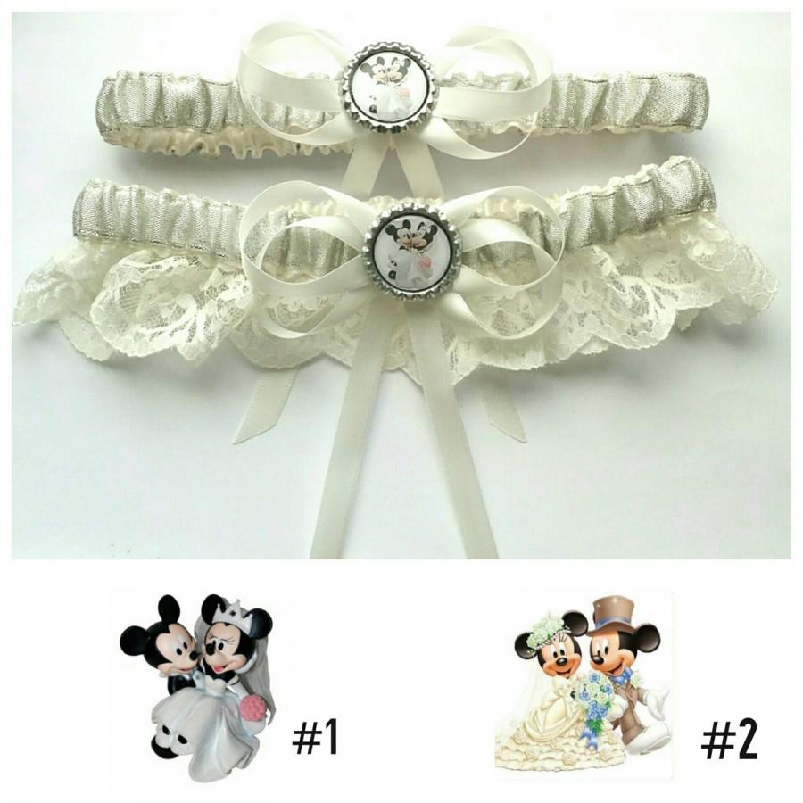 Wedding - Wedding Day Themed Mickey and Minnie Mouse Satin/Satin and Lace Garter/Garter set- Your choice of embellishment.