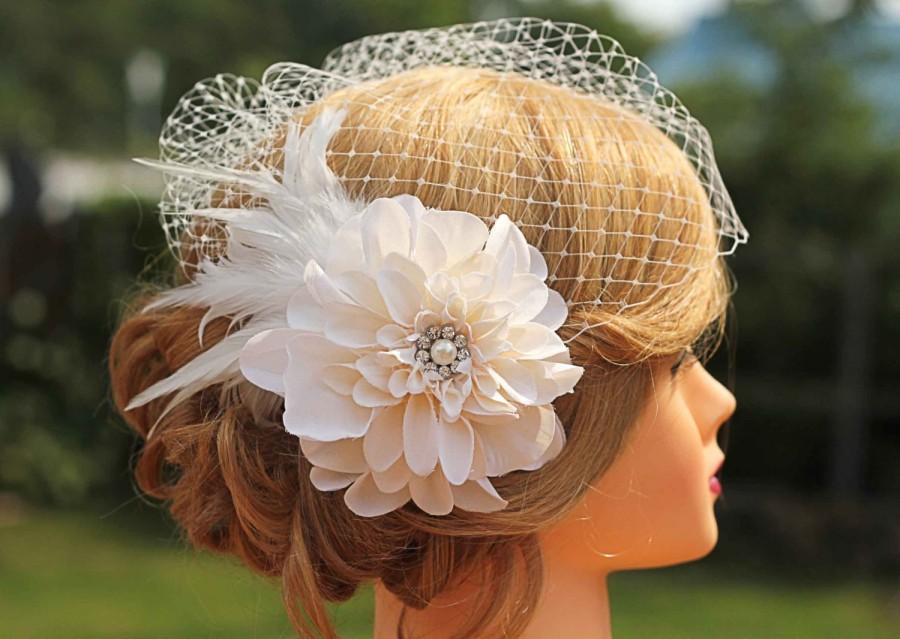 Wedding - Flower Feather Birdcage Veil-Large Ivory Flower Wedding Veil-Wedding Headpiece