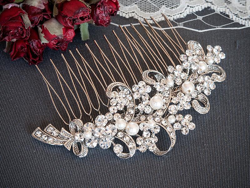 Hochzeit - Wedding Hair Accessories, Bridal Crystal Hair Comb, Victorian Style Flower and Ribbon Bow Rhinestone and Pearl Wedding Hair Comb, LINDSEY