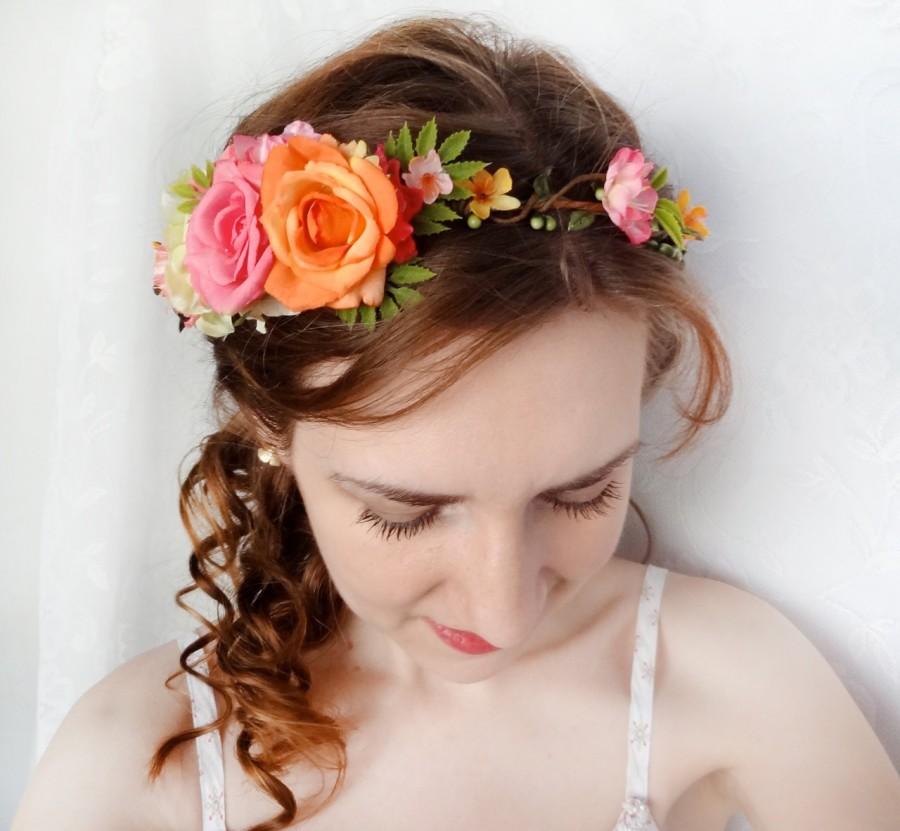 Wedding - pink flower crown, orange flower crown, floral headband, garden wedding, bridal head piece, wedding flower crown, hot pink flower accessory