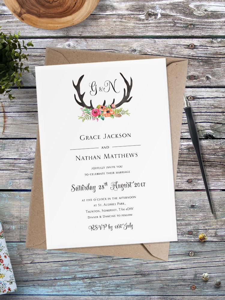 Hochzeit - Floral Antler Wedding Invitation - Floral Antler Wedding Invites - Floral Antler Wedding Invitation by Paper Charms