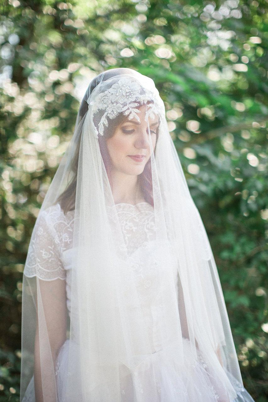 زفاف - Bridal Juliet veil with blusher, pearl & crystal Alencon lace adornment, heirloom Juliet wedding veil, softest English net, Style 810