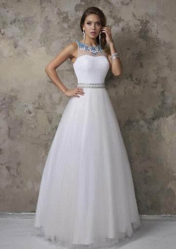 Wedding - White A-line Bateau Sleeveless Beads Zipper Tulle Floor Length