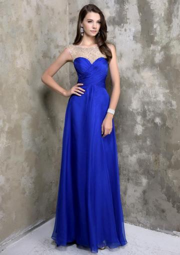 Mariage - Royal Blue A-line Sleeveless Scoop Chiffon Beads Ruched Zipper Floor Length