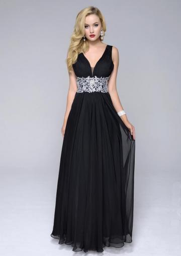 Hochzeit - White Appliques Ruched Open Back A-line V-neck Sleeveless Black Chiffon Floor Length