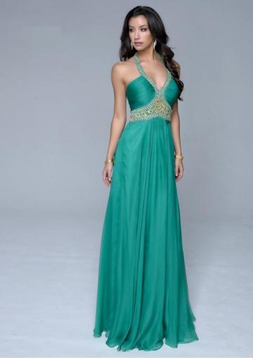 Wedding - Green A-line Halter Sleeveless Beads Ruched Zipper Chiffon Floor Length