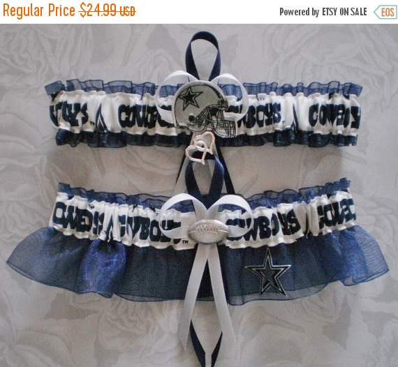 Mariage - SUMMER SALE Dallas Cowboys Fabric White And Blue Wedding Garter Set Prom  Football Double Heart Charms